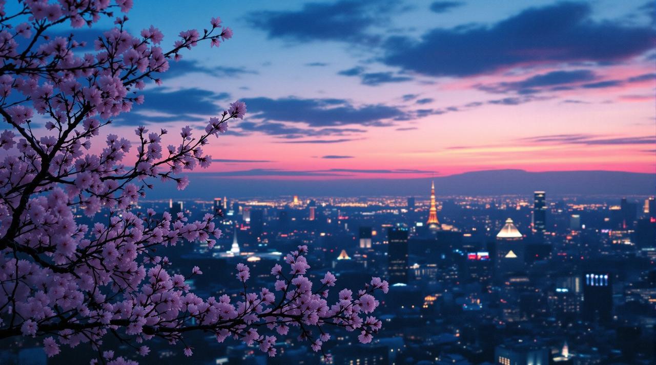 在线观看电影杂志封面:东京黄昏天际线与樱花枝叶背景